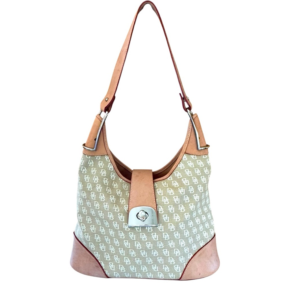 VTG Dooney & Bourke Vintage Tan Logo Hobo Crescent Leather Shoulder Purse Bag